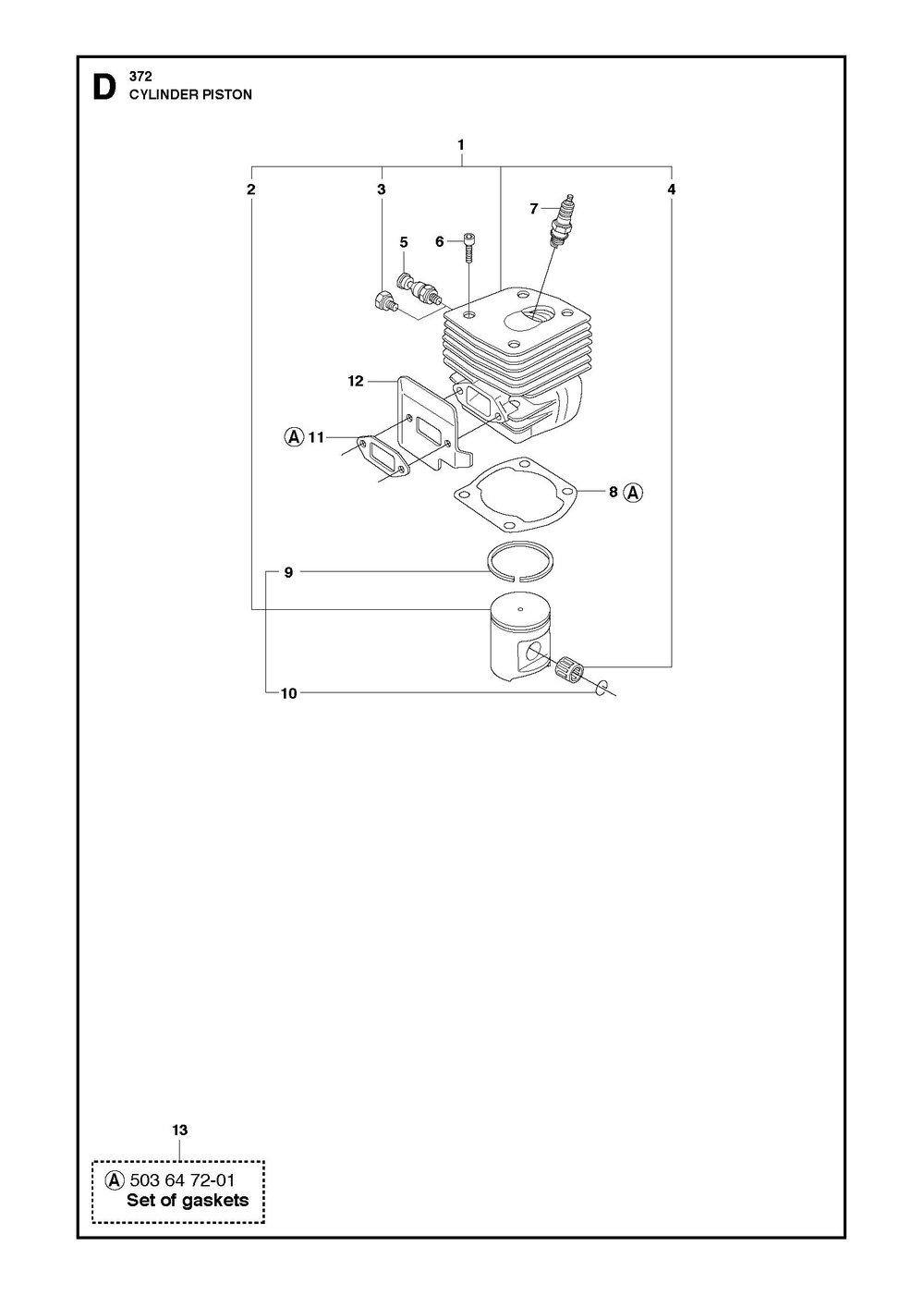 Cylinder Piston Diagram and Parts List for 372XP-372XPG 372 XP W - 372 XP GW Husqvarna Chainsaw