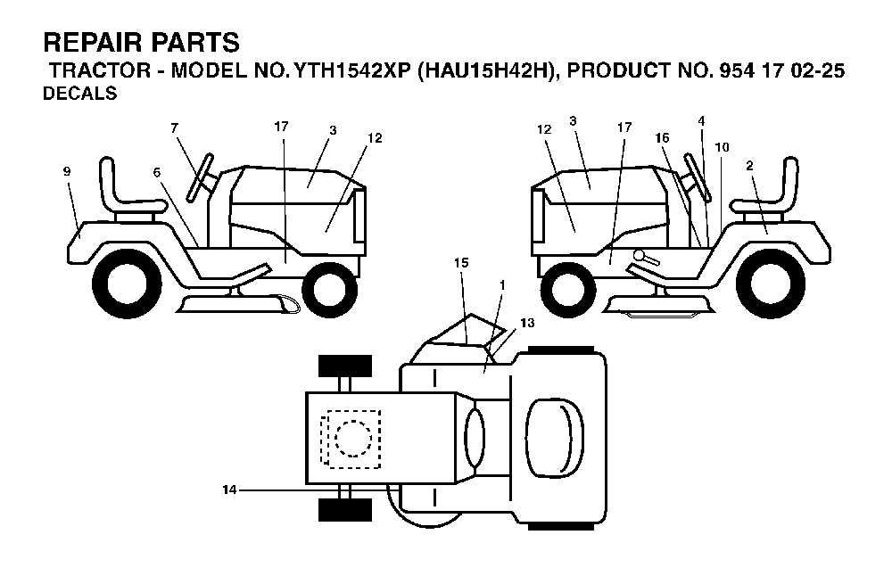 Decals Diagram and Parts List for YTH1542XP (HAU15H42H, 954170225)(2004-09) Husqvarna Lawn Tractor