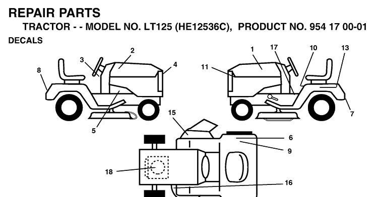 Decals Diagram and Parts List for LT125 (HE12536C)(1998-03) Husqvarna Lawn Tractor