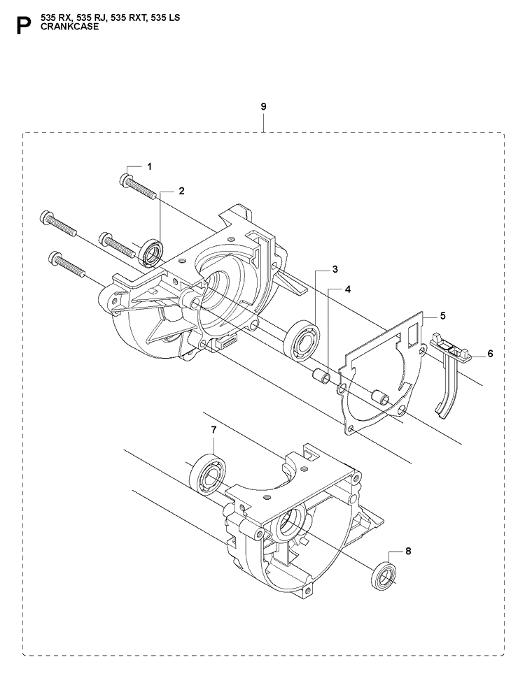 Crankcase Diagram and Parts List for 535RJ  Husqvarna Brush Cutter