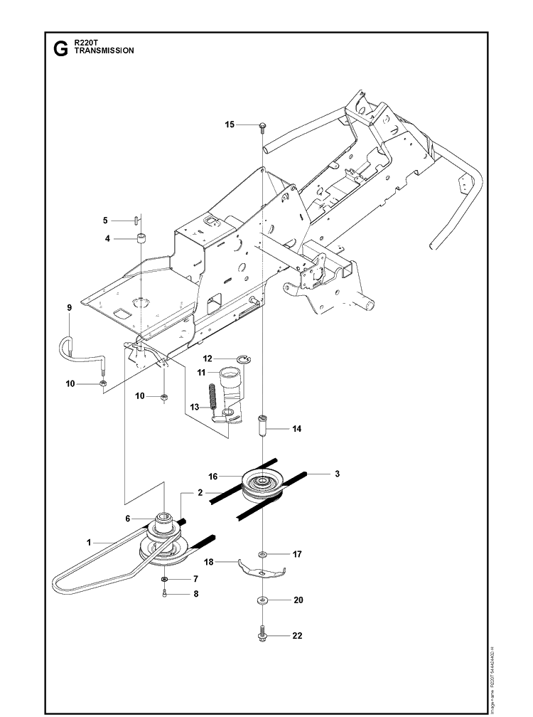 Chassis, Engine And Pulleys Diagram and Parts List for R220T (966785701)(2012-03) Husqvarna Lawn Mower