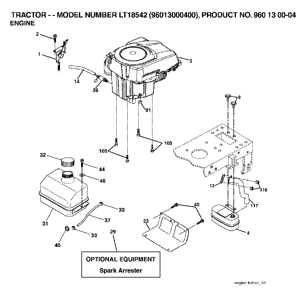 Engine Diagram and Parts List for LT18542 (96013000400)(2006-03) Husqvarna Lawn Tractor