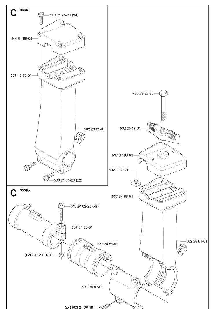 Tower Diagram and Parts List for 335R  Husqvarna Brush Cutter