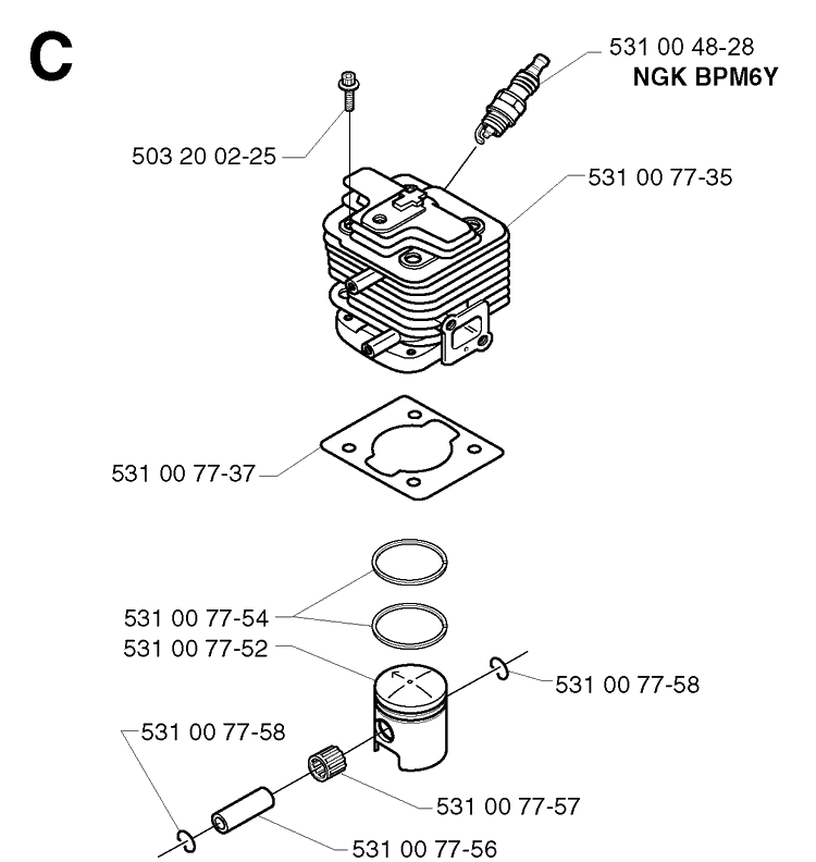 Cylinder Piston Diagram and Parts List for 142R 20001900001-Current Husqvarna Brush Cutter