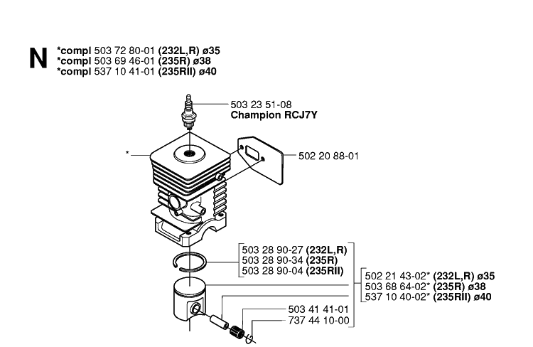 Cylinder Piston Diagram and Parts List for 235R 20060100001-20061400000 Husqvarna Brush Cutter