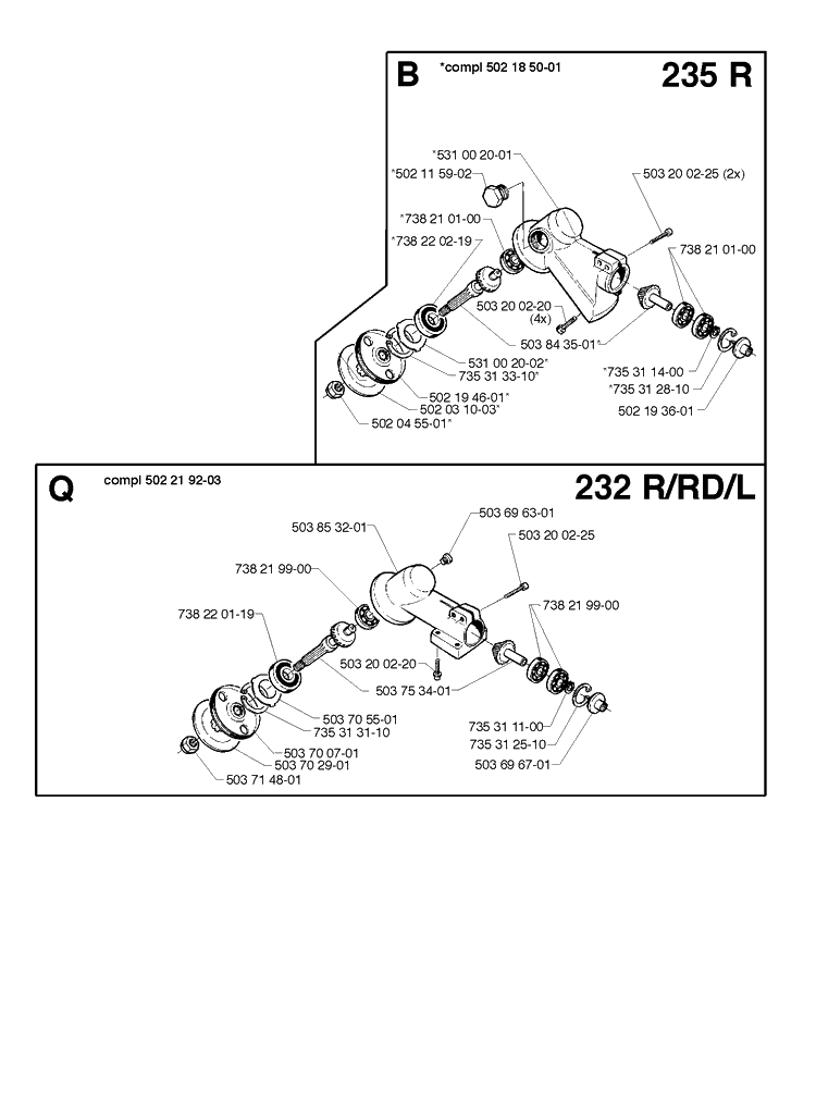 Bevel Gear Diagram and Parts List for 235R 19980100001-20001400000 Husqvarna Brush Cutter