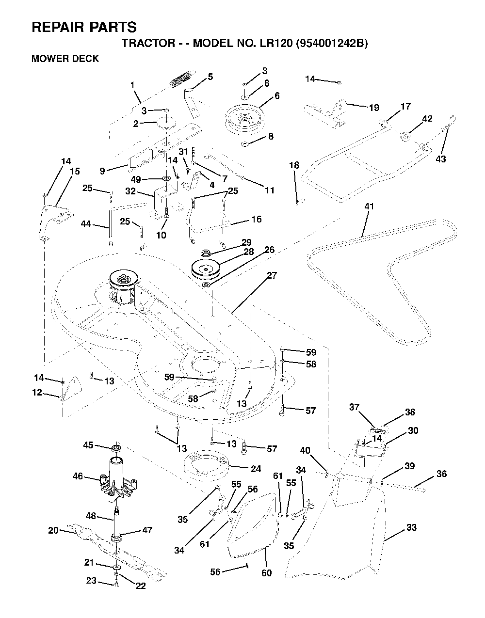 Mower Deck / Cutting Deck Diagram and Parts List for LR120 (954001242B)(1995-02) Husqvarna Lawn Tractor