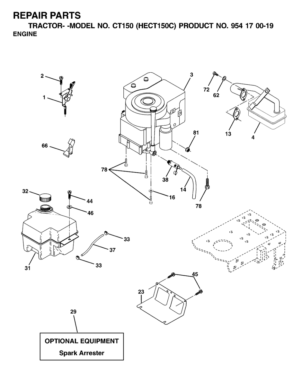 Engine And Cutting Equipment Diagram and Parts List for CT150 (954170019-C)(2001-01) Husqvarna Lawn Tractor