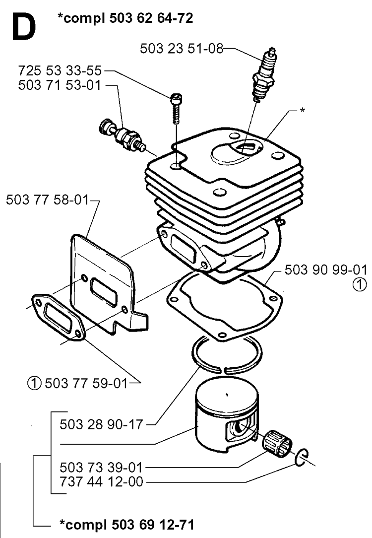 Cylinder Piston Diagram and Parts List for 371XP 19963500001-19974900000 Husqvarna Chainsaw