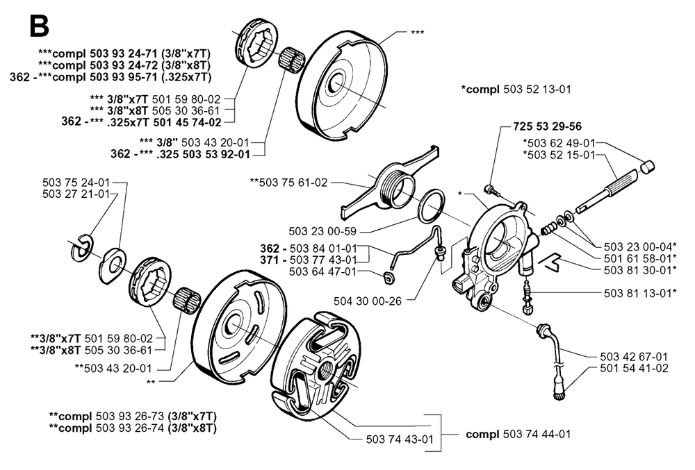 Clutch And Oil Pump Diagram and Parts List for 371XP 19991800001 & Above Husqvarna Chainsaw