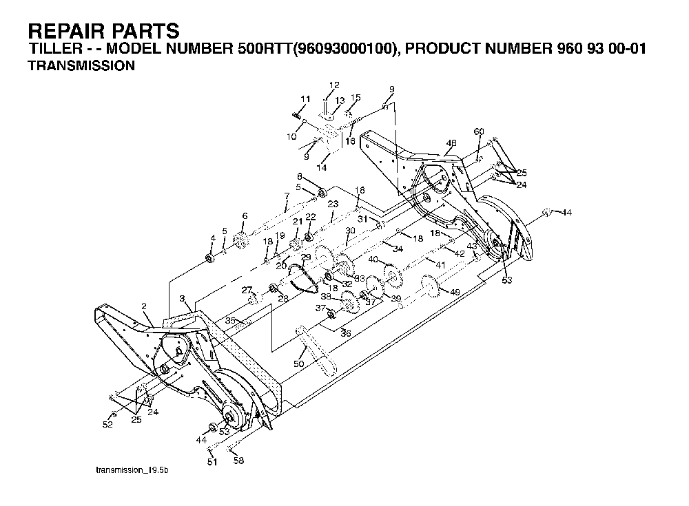 Transmission Diagram and Parts List for 500RTT (96093000100)(2004-11) Husqvarna Tiller