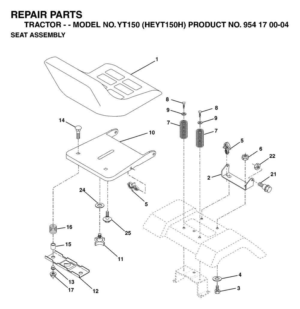 Seat Diagram and Parts List for YT150 (954170004-H)(1996-01) Husqvarna Lawn Tractor