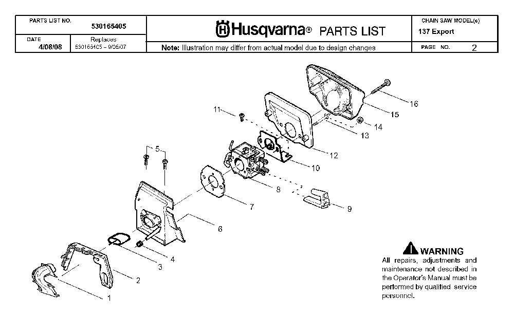Carburetor And Air Filter Diagram and Parts List for 137 20082200001 Husqvarna Chainsaw