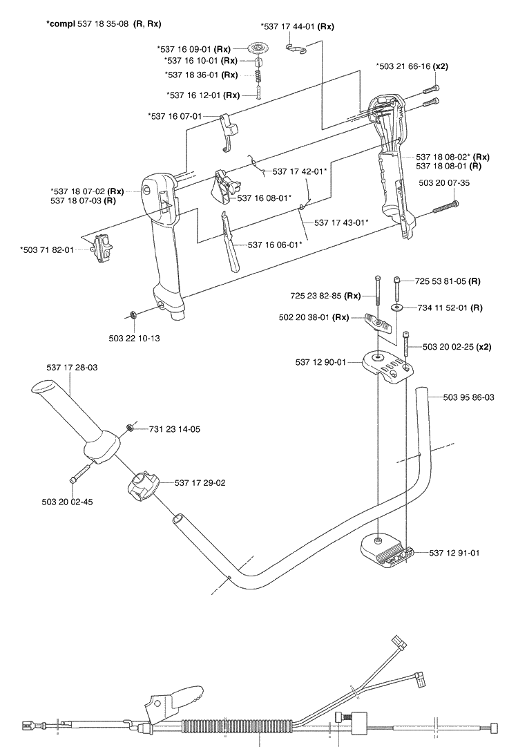 Throttle / Handle Diagram and Parts List for 345RX 2003-05 Husqvarna Brush Cutter