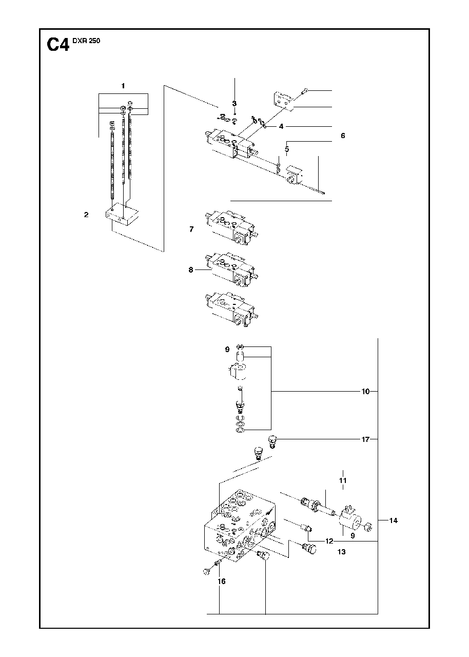 Hydraulic Stack Diagram and Parts List for DXR250 (1 - 10)(2010-06) Husqvarna Demolition Hammer
