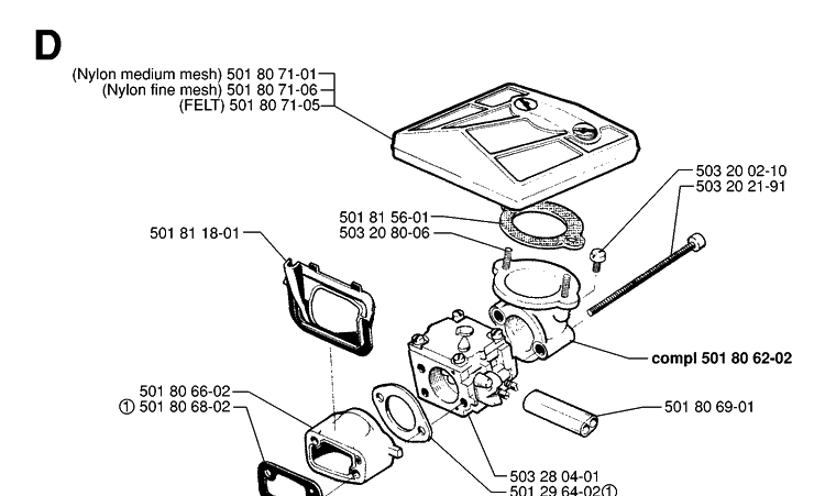 Carburetor And Air Filter 2 Diagram and Parts List for 288 19974900001-20000600000 Husqvarna Chainsaw