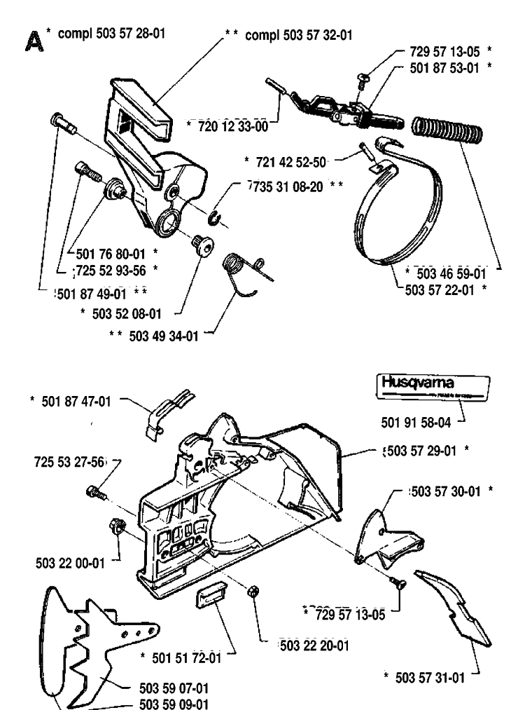 Chain Brake Diagram and Parts List for 268 19910500001-19933600000 Husqvarna Chainsaw