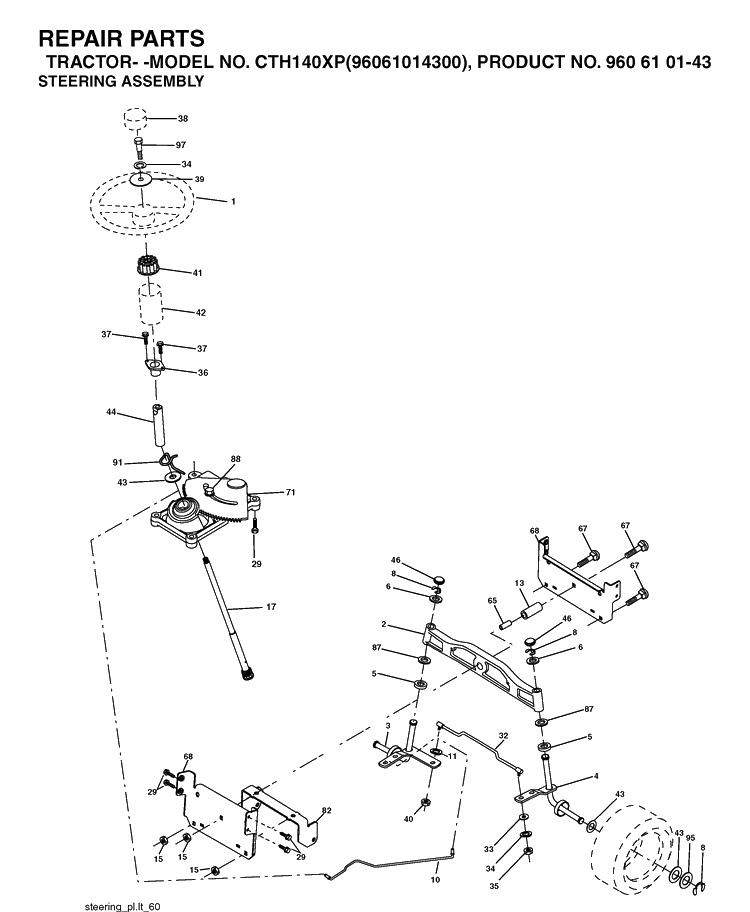 Steering Diagram and Parts List for CTH140XP (96061014300)(2006-04) Husqvarna Lawn Tractor