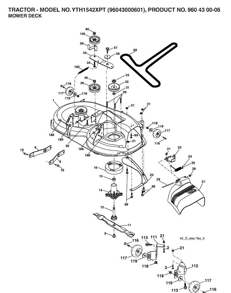 Mower Deck / Cutting Deck Diagram and Parts List for YTH1542XP (96043000601)(2006-03) Husqvarna Lawn Tractor