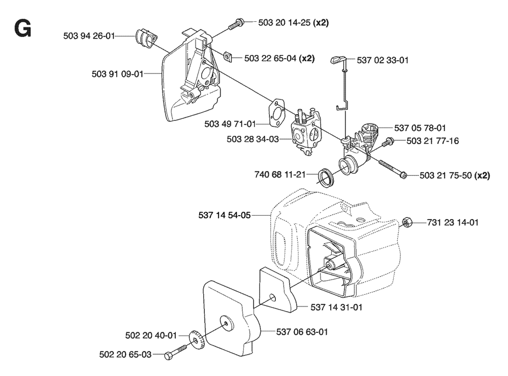 Carburetor And Air Filter Diagram and Parts List for 325HD75X 20062300001 - 20081400000 Husqvarna Hedge Trimmer
