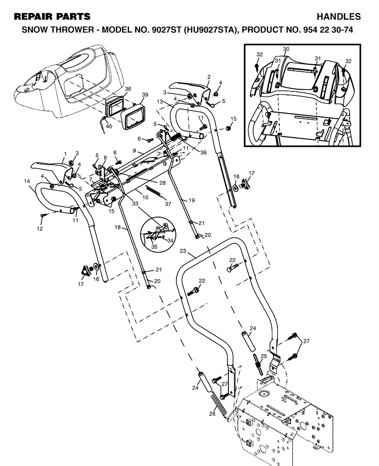 Handle And Controls Diagram and Parts List for 9027ST (HU9027STA)(2002-09) Husqvarna Snow Blower