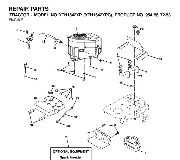 Engine Diagram and Parts List for YTH1542XP (954567253)(2001-12) Husqvarna Lawn Tractor