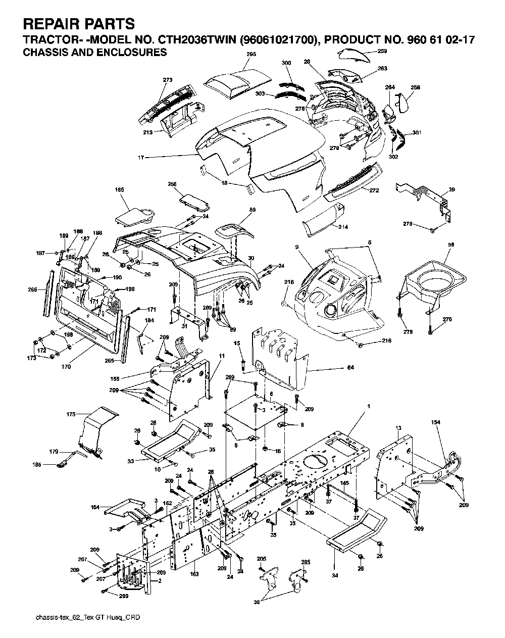 Chassis And Enclosures Diagram and Parts List for CTH2036TWIN (96061021700, 960610217)(2007-04) Husqvarna Lawn Tractor