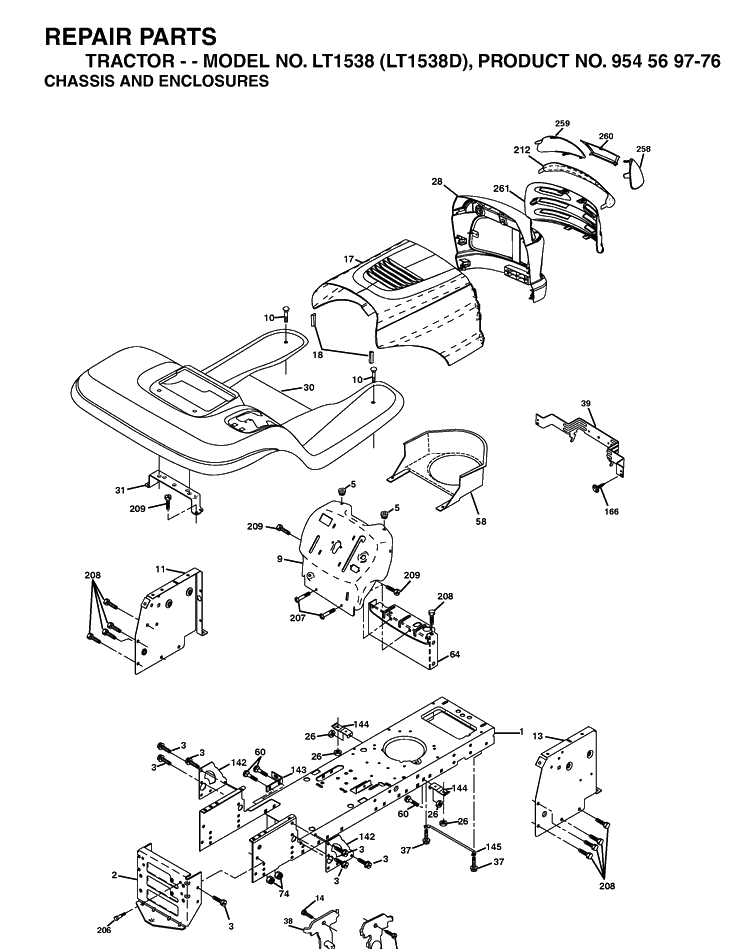 Chassis And Enclosures Diagram and Parts List for LT1538-LT1538D 2003-01 Husqvarna Lawn Tractor