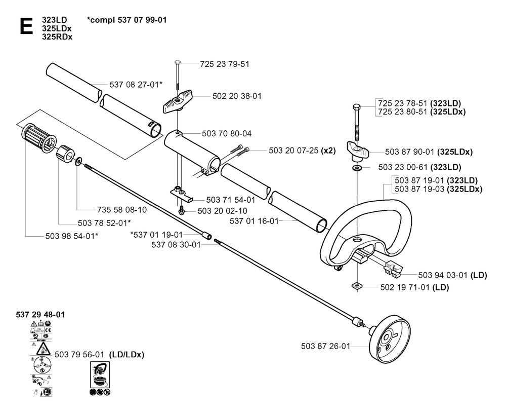 Shaft And Handle Diagram and Parts List for 325RDX 20051800001 & Above Husqvarna Trimmer