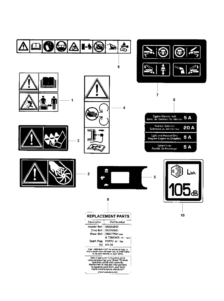 Decals Diagram and Parts List for ST430 97052960100 Husqvarna Snow Blower