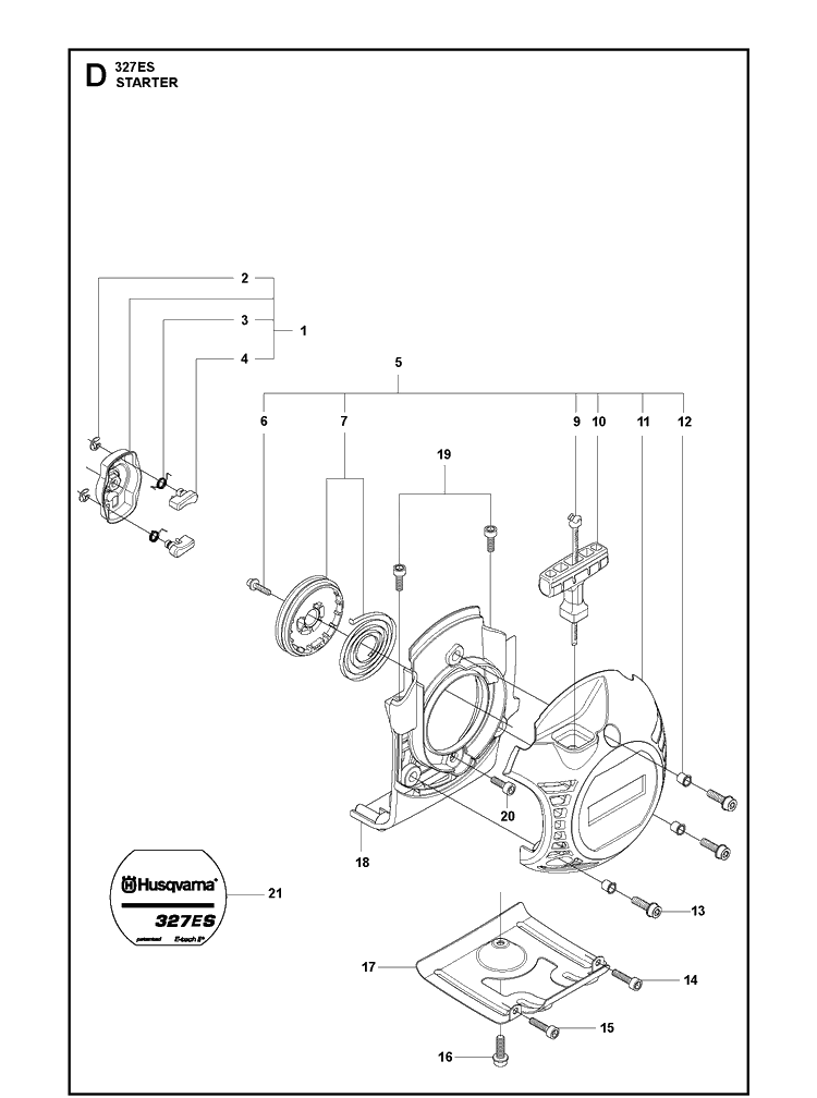 Starter Diagram and Parts List for 327ES 20101800001-20144900000 Husqvarna Edger