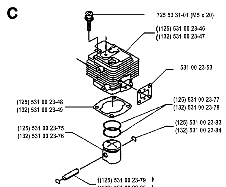 Cylinder Piston Diagram and Parts List for 125L 19931400001-20053600000 Husqvarna Edger