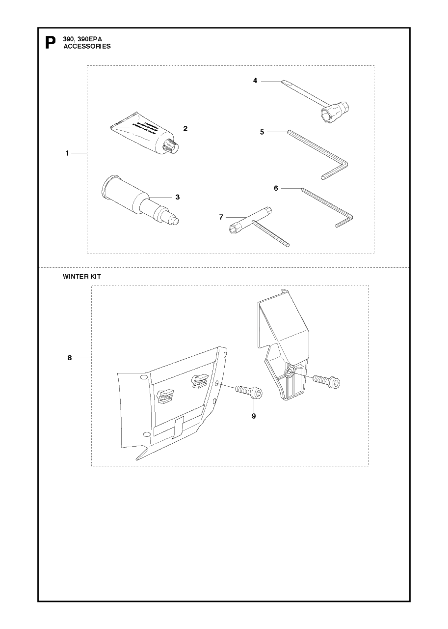 Accessories Diagram and Parts List for 390XP-XPG-XPW (EPA)(20101800001 - 20111800000) Husqvarna Chainsaw