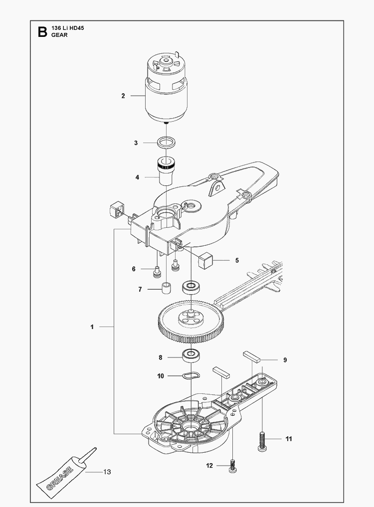 Gear Housing Diagram and Parts List for 136LIHD45  Husqvarna Hedge Trimmer
