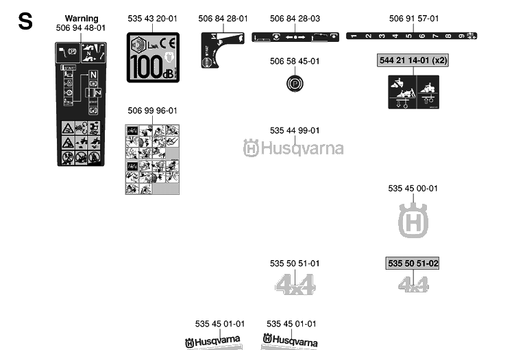 Decals Diagram and Parts List for RIDER155AWD (965080001)(2006-01) Husqvarna Lawn Mower