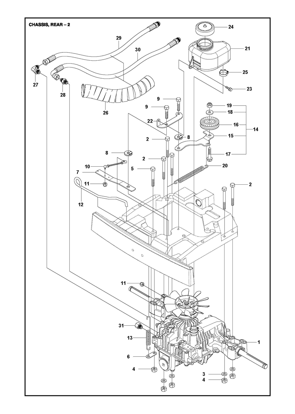 Chassis Rear Diagram and Parts List for R316TSXAWD 2022 Husqvarna Lawn Tractor