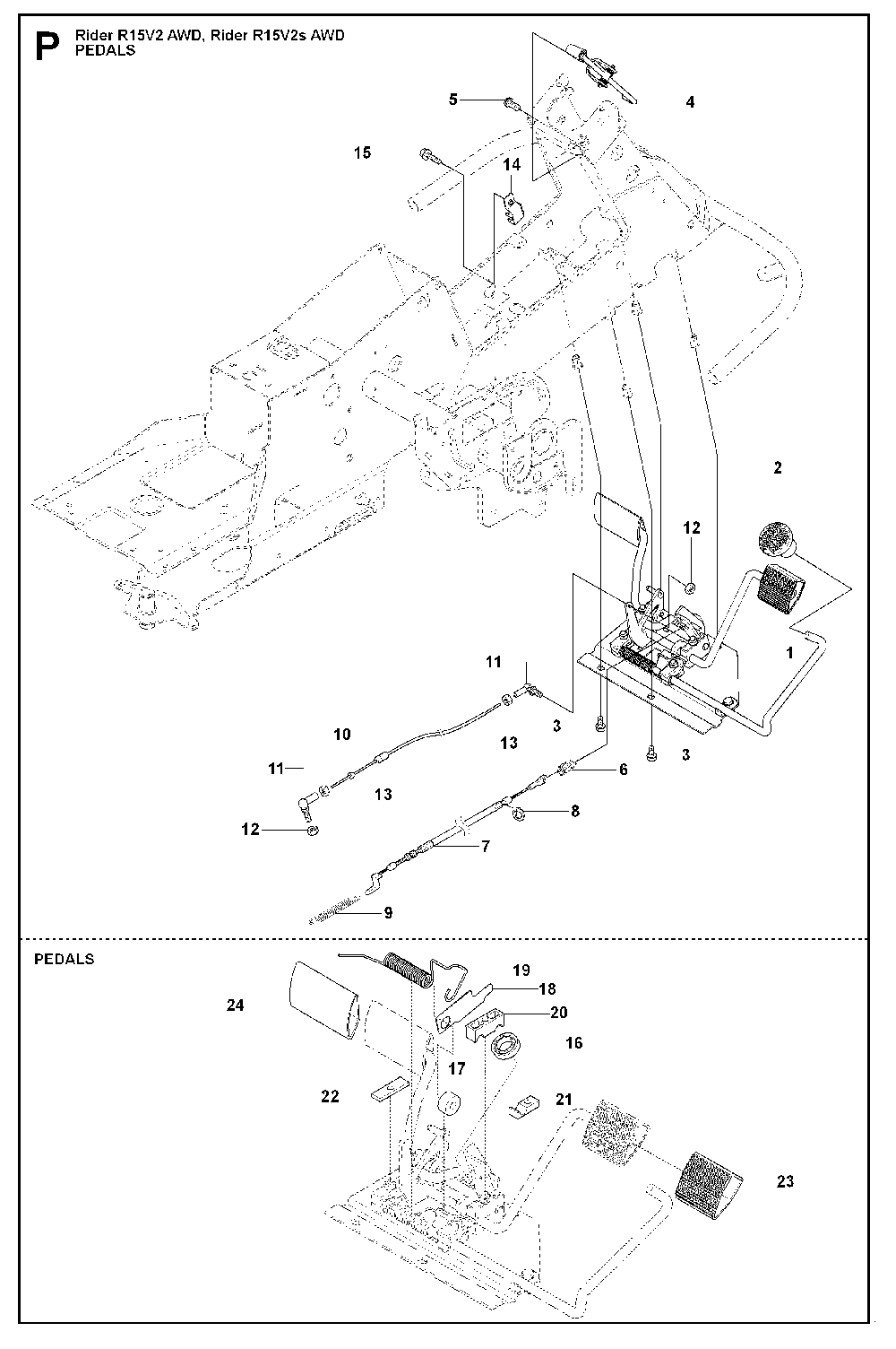 Pedals Diagram and Parts List for RIDER15V2SAWD (965200901)(2009-04) Husqvarna Lawn Tractor