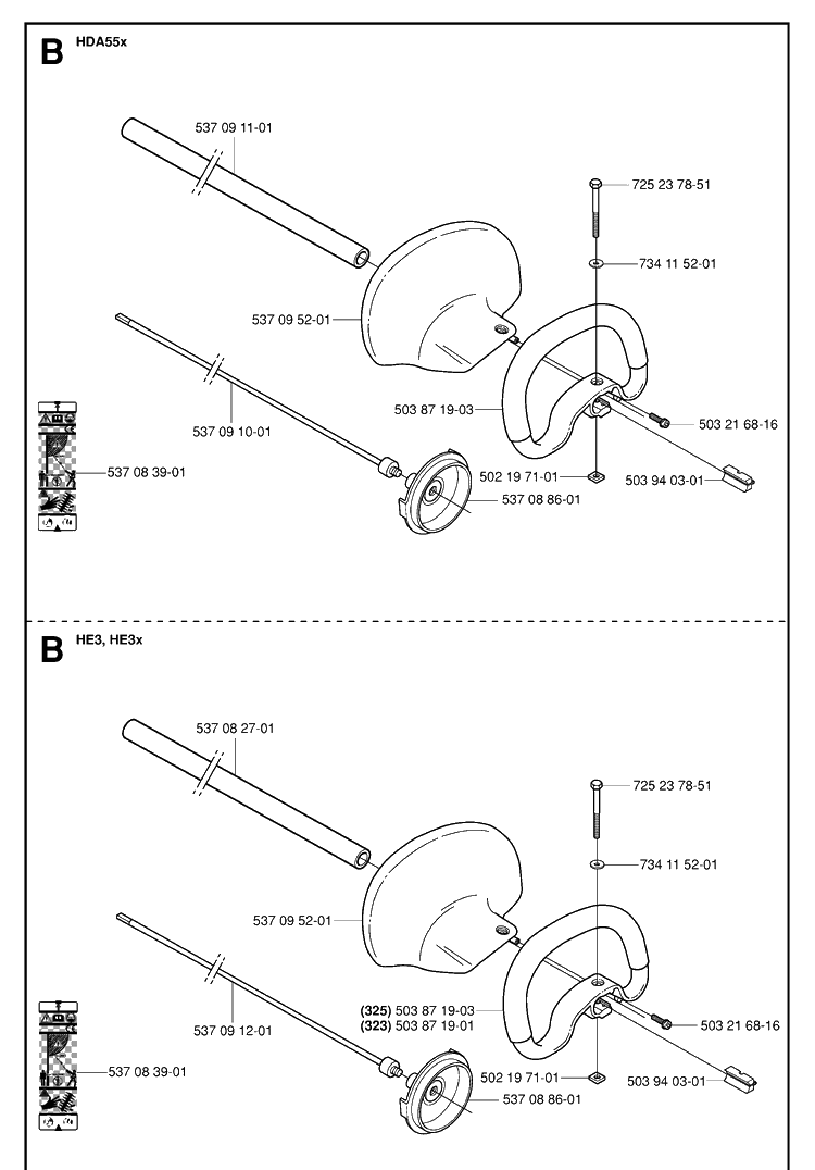 Shaft And Handle Diagram and Parts List for 325HA850 20050600001-20054000000 Husqvarna Hedge Trimmer