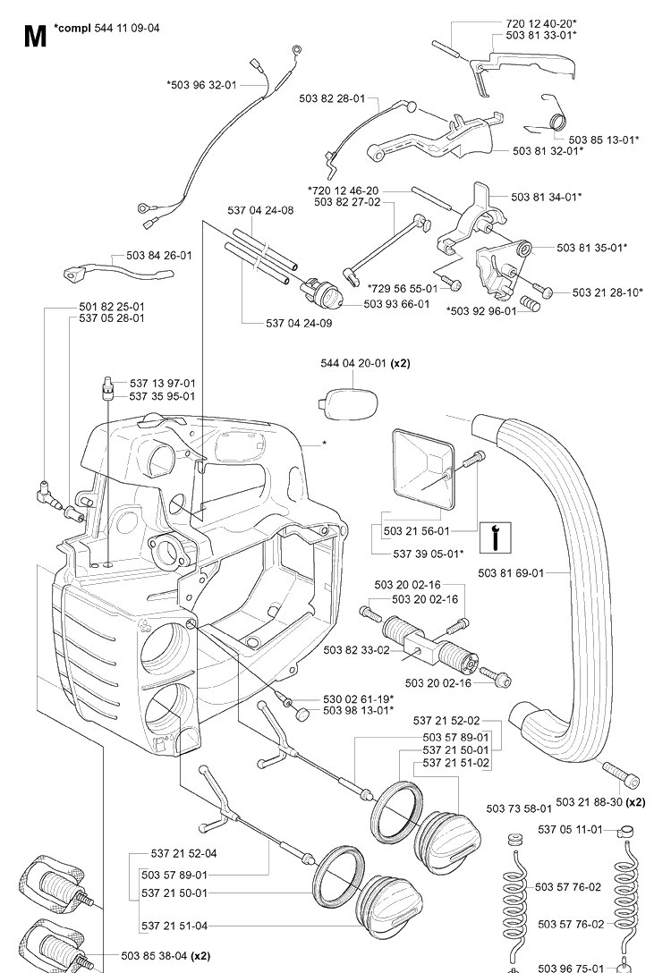 Fuel Tank And Handle Diagram and Parts List for 334T 20060100001-20063600000 Husqvarna Chainsaw