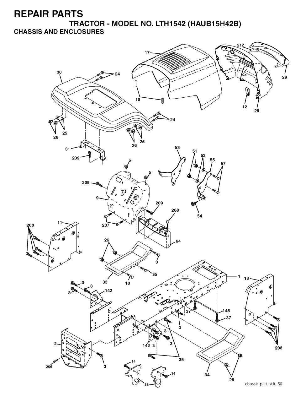 Chassis And Enclosures Diagram and Parts List for LTH1542 (954170086-B)(2004-01) Husqvarna Lawn Tractor