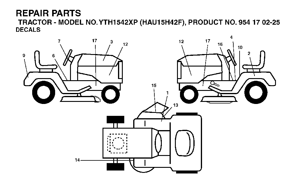 Decals Diagram and Parts List for YTH1542XP (HAU15H42F, 954170225)(2004-09) Husqvarna Lawn Tractor