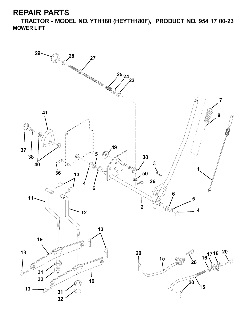 Mower Lift / Deck Lift Diagram and Parts List for YTH180 (954170023-F)(2001-03) Husqvarna Lawn Tractor