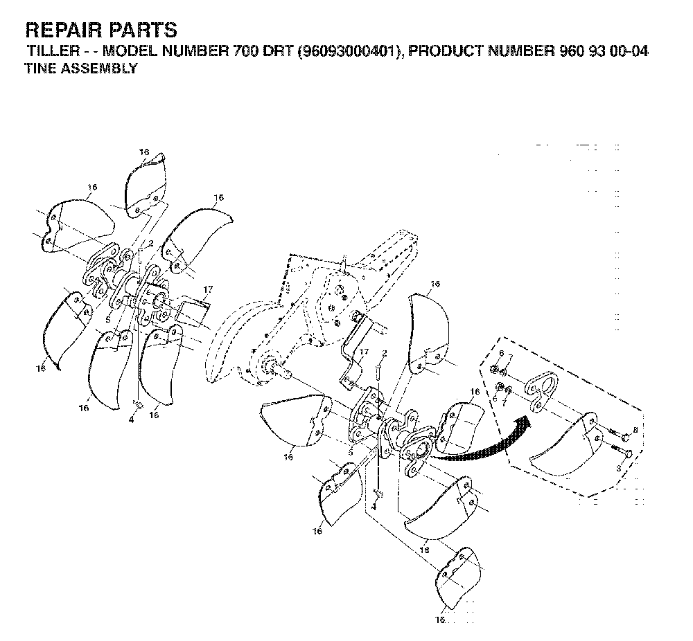 Tine Assembly Diagram and Parts List for 700DRT (96093000401)(2006-02) Husqvarna Tiller