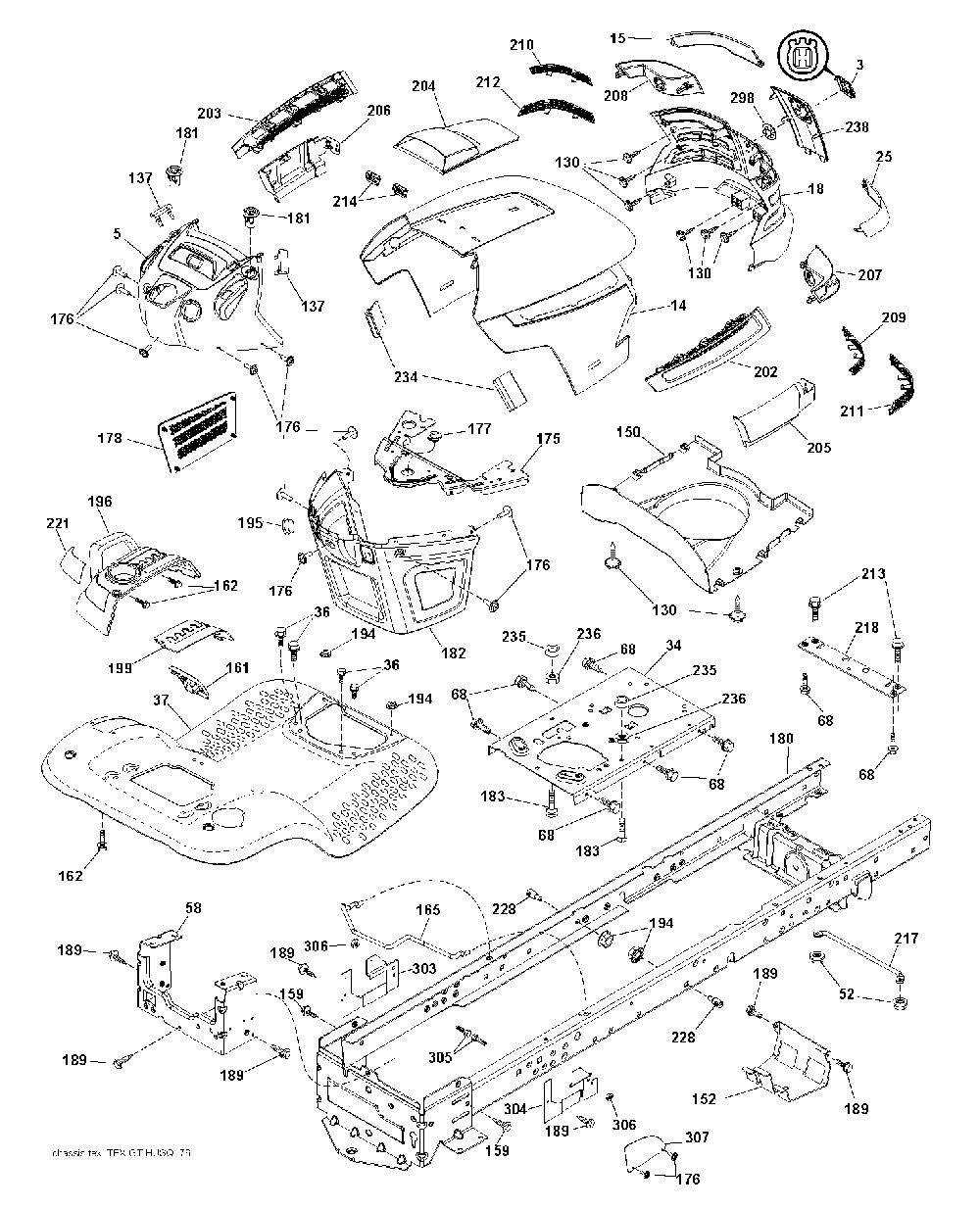 Chassis And Enclosures Diagram and Parts List for YTH200TWIN (96041006402)(2010-01) Husqvarna Lawn Tractor
