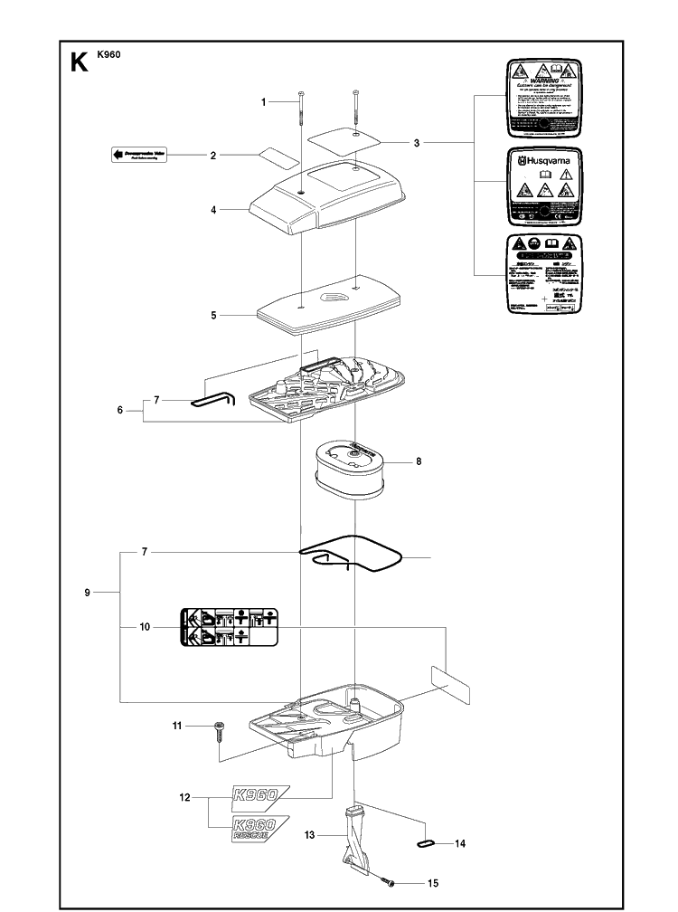 Air Filter Diagram and Parts List for K960 2008-12 Husqvarna Lawn Tractor Accessories