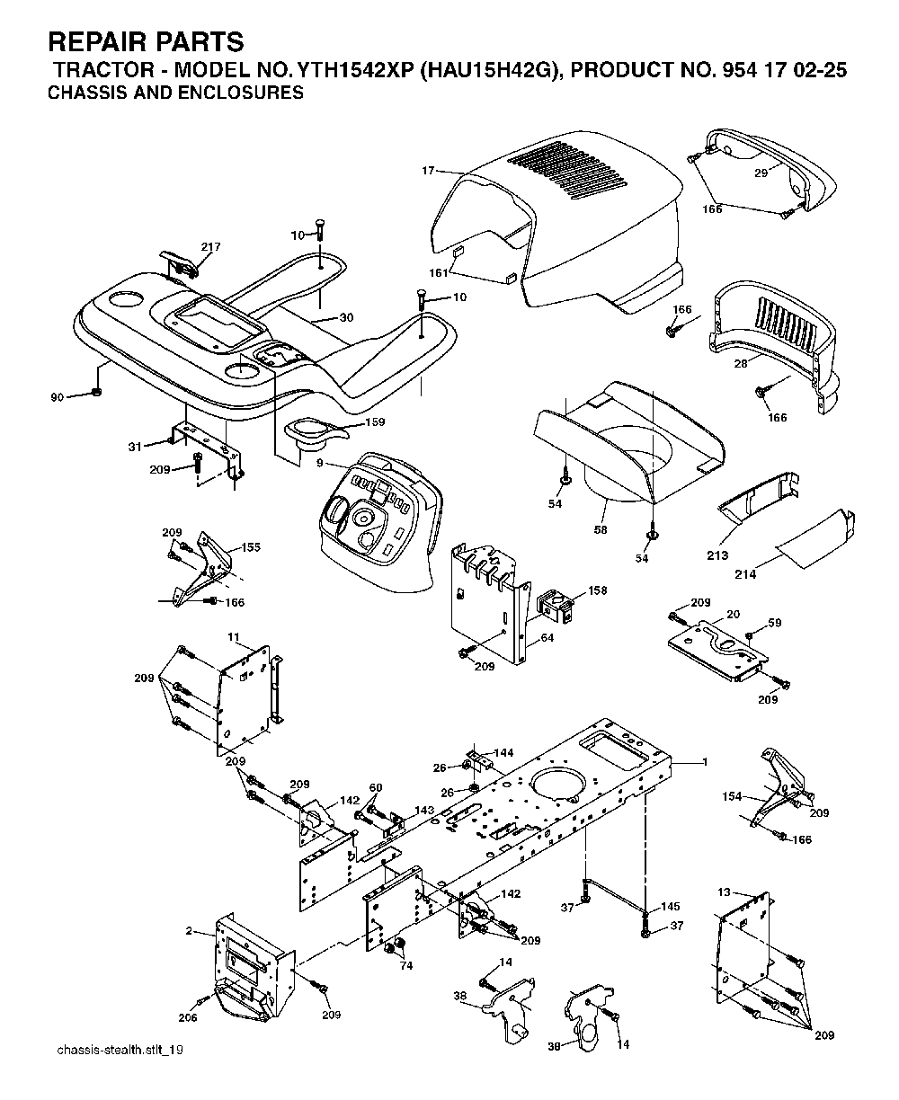 Chassis And Enclosures Diagram and Parts List for YTH1542XP (HAU15H42G, 954170225)(2004-09) Husqvarna Lawn Tractor