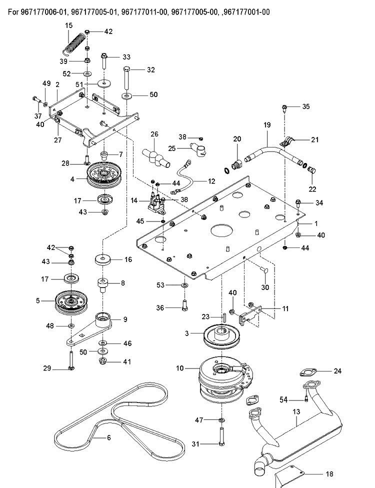 Engine Mounting, Guards And Muffler Diagram and Parts List for M-ZT52  Husqvarna Lawn Mower