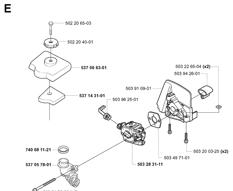 Carburetor And Air Filter Diagram and Parts List for 326EX 20010900001-20020500000 Husqvarna Edger