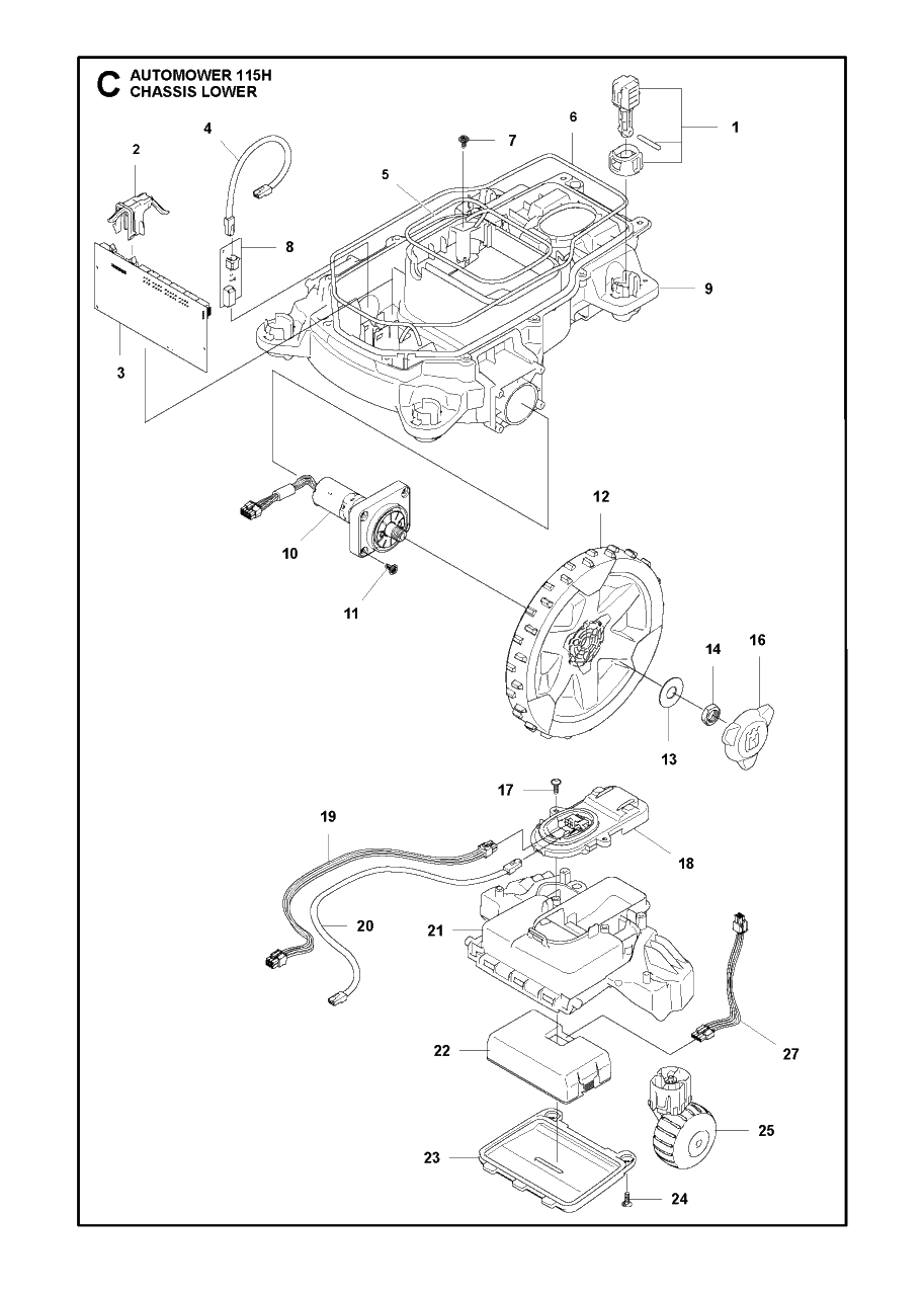 Chassis Lower Diagram and Parts List for 115H 2019-01 Husqvarna Lawn Mower