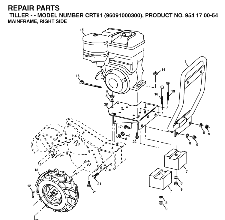 Mainframe, Right Side Diagram and Parts List for CRT81 (96091000300)(2005-01) Husqvarna Cultivator